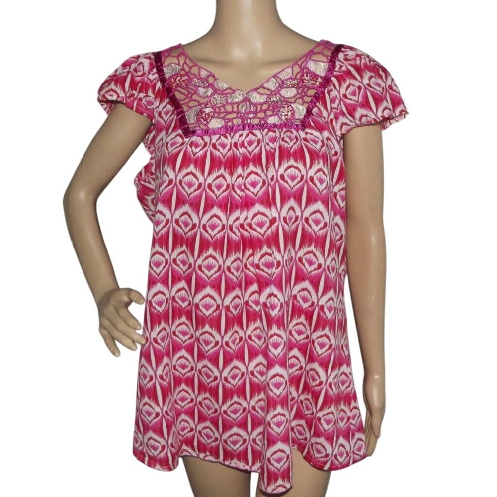 Millenium Blouse Womens 1X pink burgundy red lace sequins beaded v-neck tunic